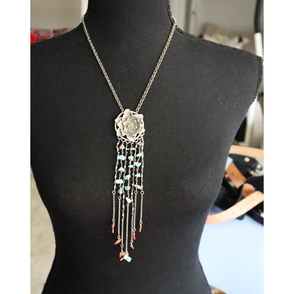Vintage 90s Y2K Lucky Brand Silver Rose Flower Turquoise Bead Fringe Pendant